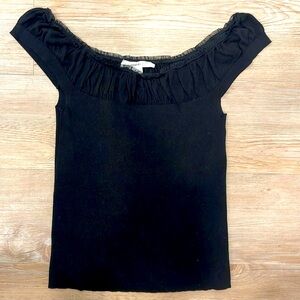 White House Black Market Short Sleeve Sweater with sheer tulle at neckline Sz M